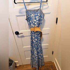 Floral Blue and White Dress with Tan Belt